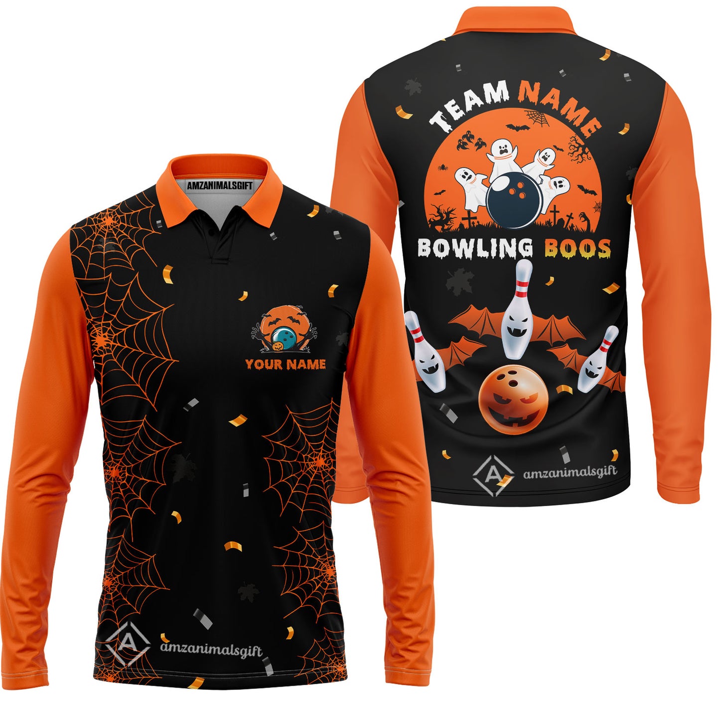 Customized Bowling Team Ball Halloween Moon Long Sleeve Polo Shirt, Bowling uniforms Bowling And Boos Funny Halloween Ghost Polo Shirts