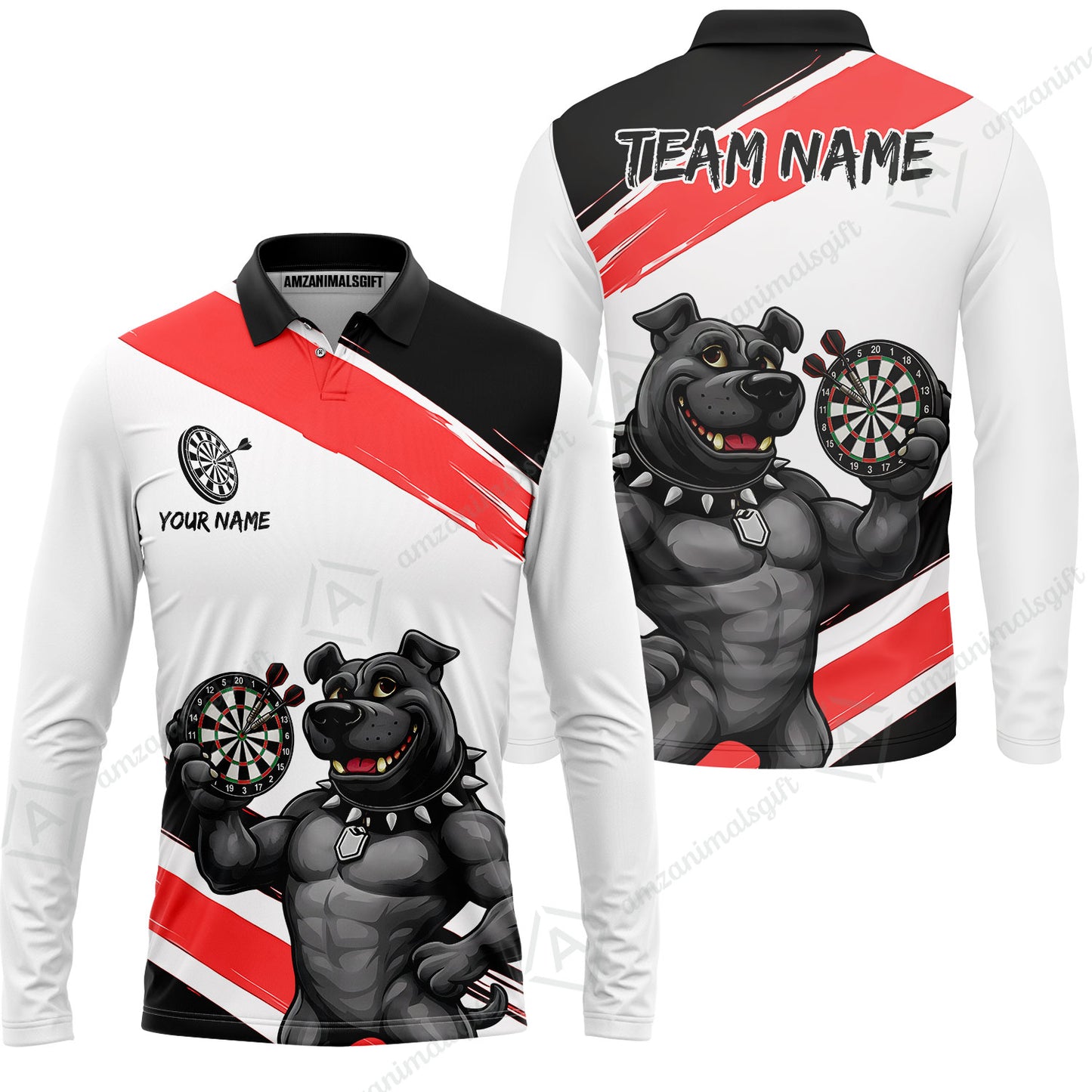Custom Darts Jersey Polo Shirt, Pitbull Hold Dart Board, Custom Dart Jersey Team Shirt For Players With Name & Team Name