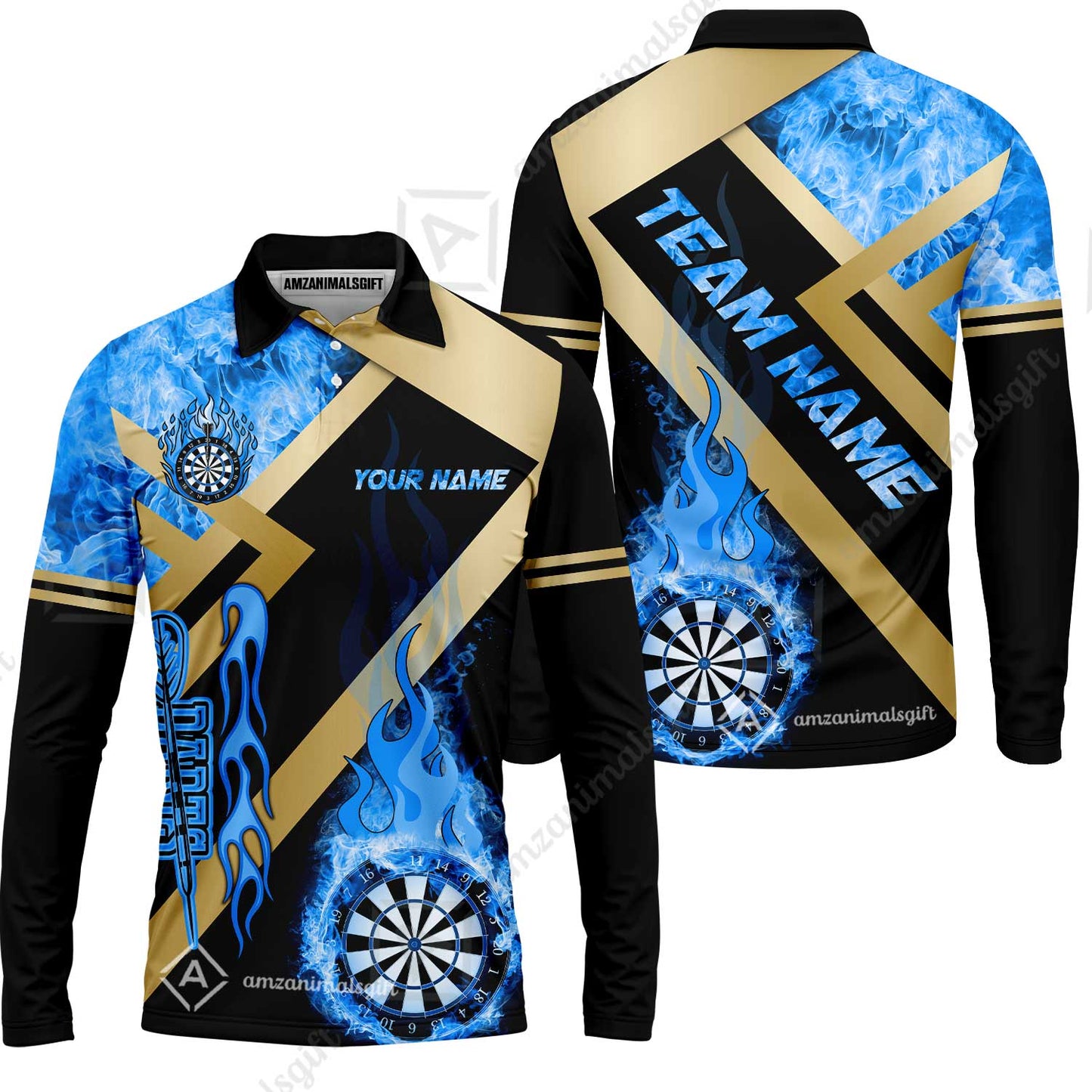 Customized Darts Long Sleeve Polo Shirt, Darts Dartboard Fire Flame Multicolor Jersey For Darts Players, Custom Team Darts