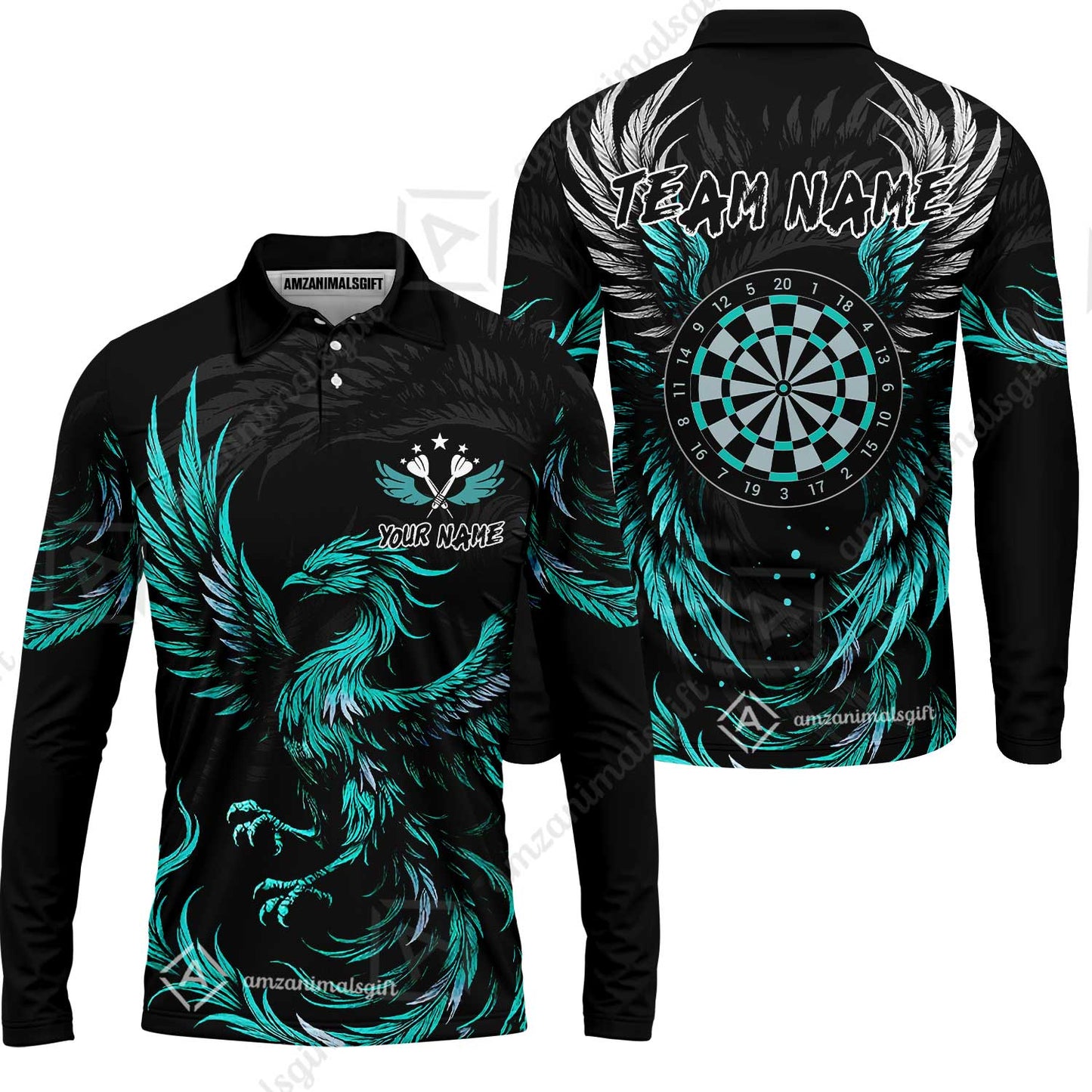 Custom Darts Team Long Sleeve Polo Shirt, Phoenix Dartboard Wings Darts Long Sleeve Polo Shirt, Custom Name And Team Name Darts Uniforms Jersey