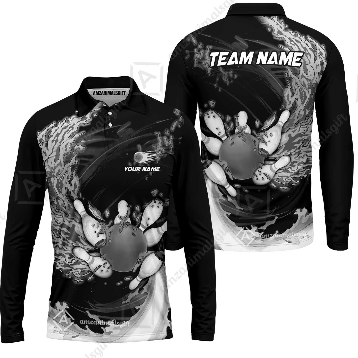 Personalized Bowling Team Long Sleeve Polo Shirt Breath Of Flaming Bowling Ball And Pins Multicolor Custom Name, Team Name For Bowlers