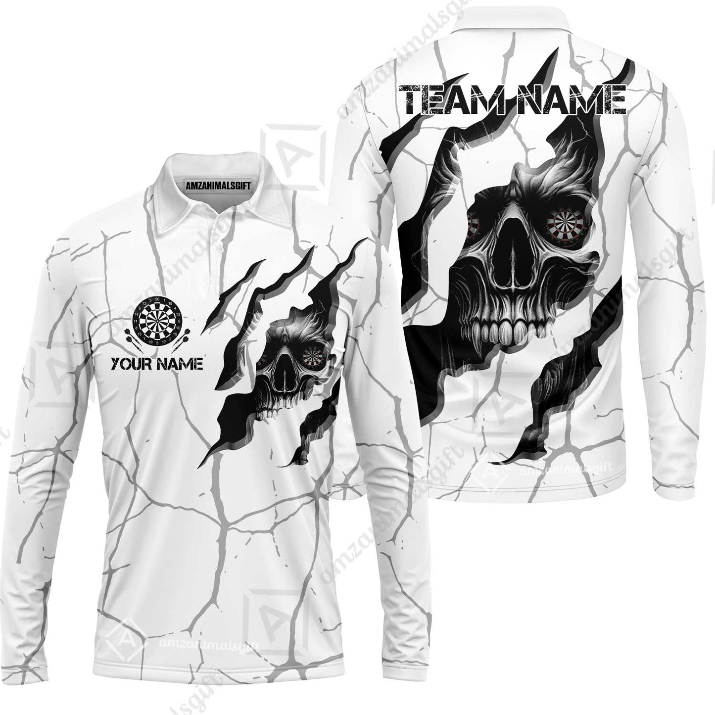 Customized Darts Long Sleeve Polo Shirt, Torn-Up Skull Dartboard Eyes Darts Team Style Long Sleeve Polo Shirt for Players, Jersey for Darts Players