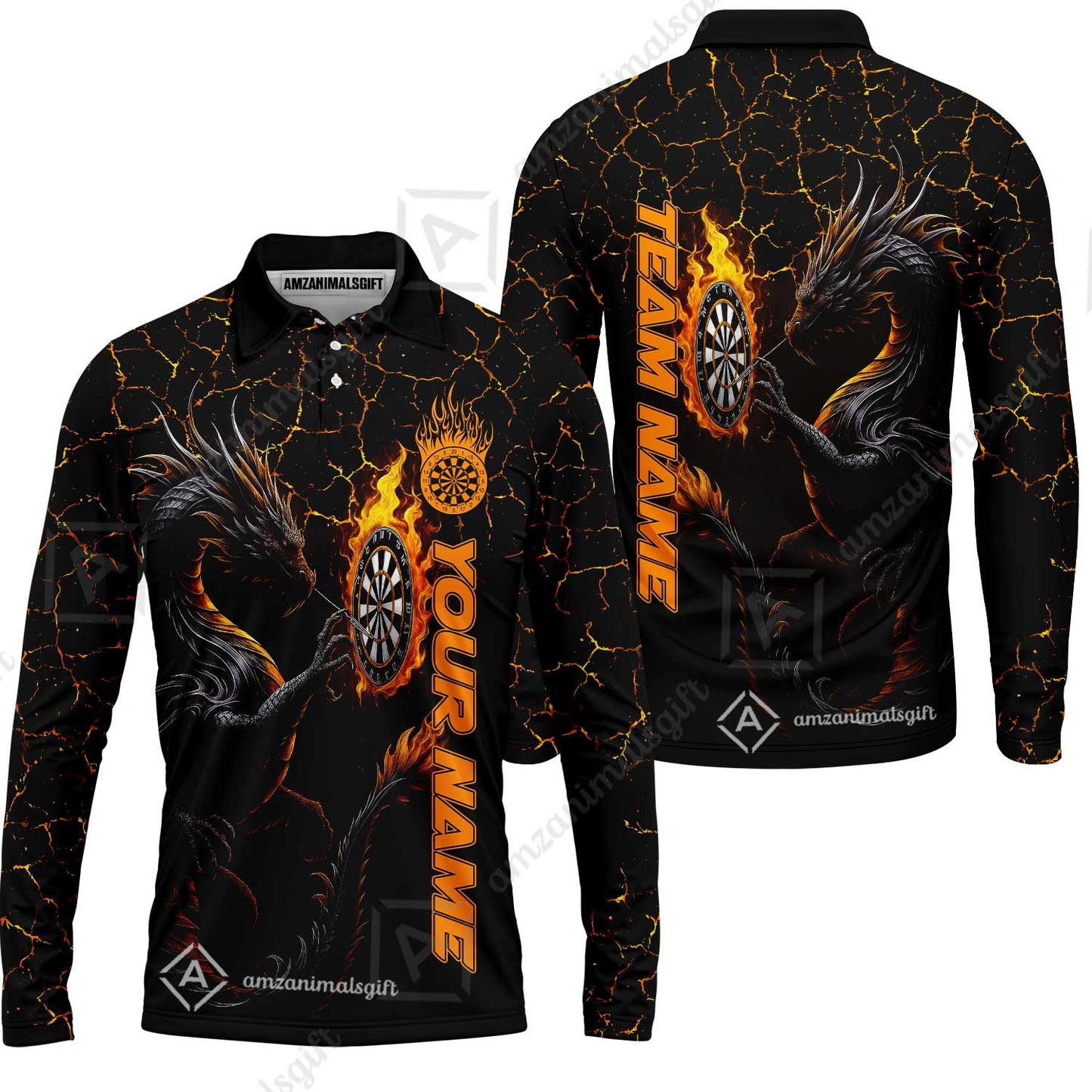 Customized Darts Long Sleeve Polo Shirt, Big Dragon Dartboard Flame Darts Team Style Long Sleeve Polo Shirt for Players, Jersey for Darts Players