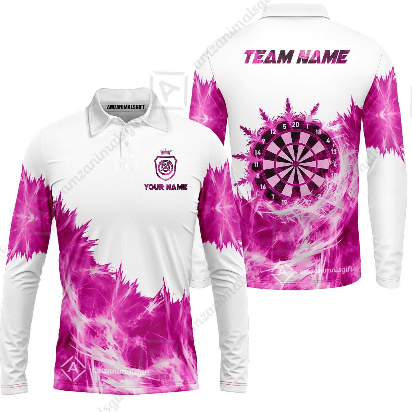 Customized Darts Long Sleeve Polo Shirt, Darts Icy Light White And Multi Color Team Long Sleeve Polo Shirt Jersey For Darts Player