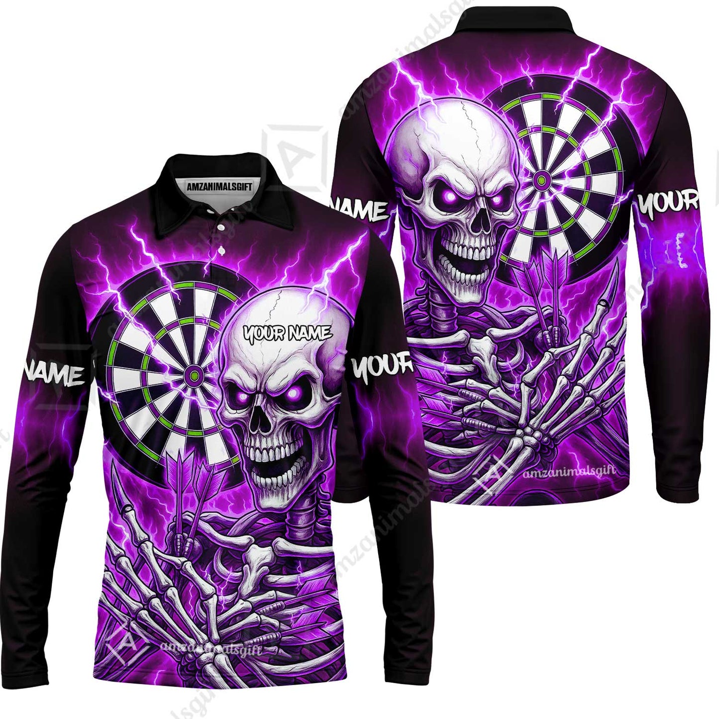 Custom Darts Team Long Sleeve Polo Shirt, Dartboard Electric Skeleton Darts Jersey Long Sleeve Polo Shirt, Custom Darts Uniforms Jersey