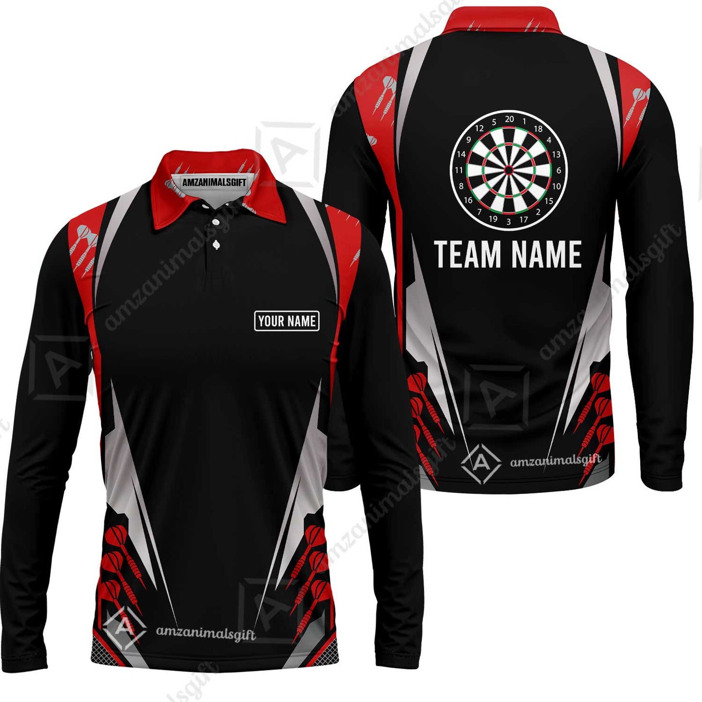Customized Darts Team Long Sleeve Polo Shirt, Dartboard Center Multicolor Option With Personalized Name And Team Name