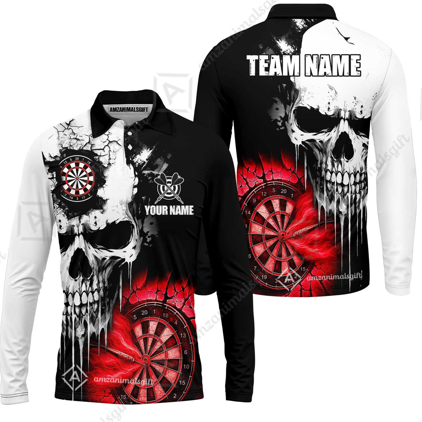 Custom Grunge Skull Crack Wall Darts Team Long Sleeve Polo Shirt, Customized Name Team Name Darts Polo Team Jerseys Uniform