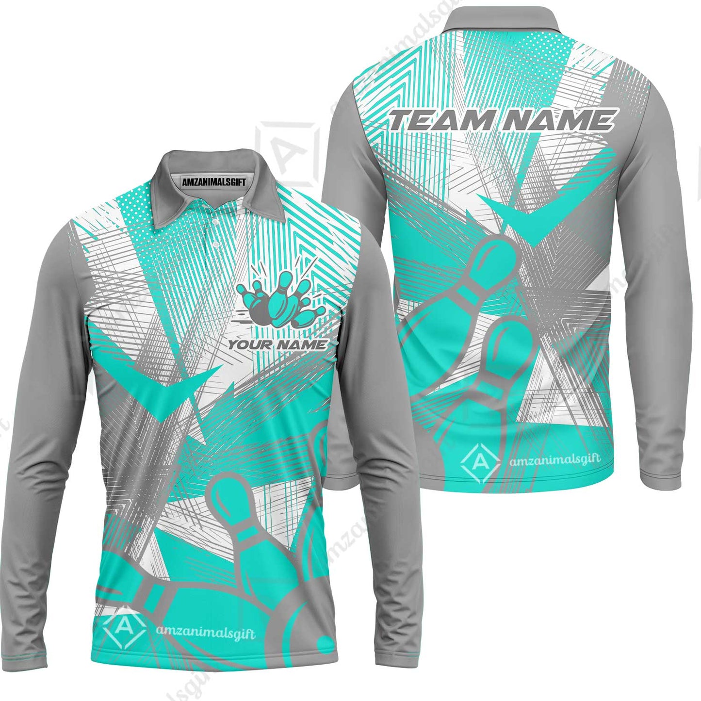 Customized Bowling Long Sleeve Polo Shirt, Bowling Ball And Pins Esports Pattern Long Sleeve Polo Shirt Uniform For Bowlers