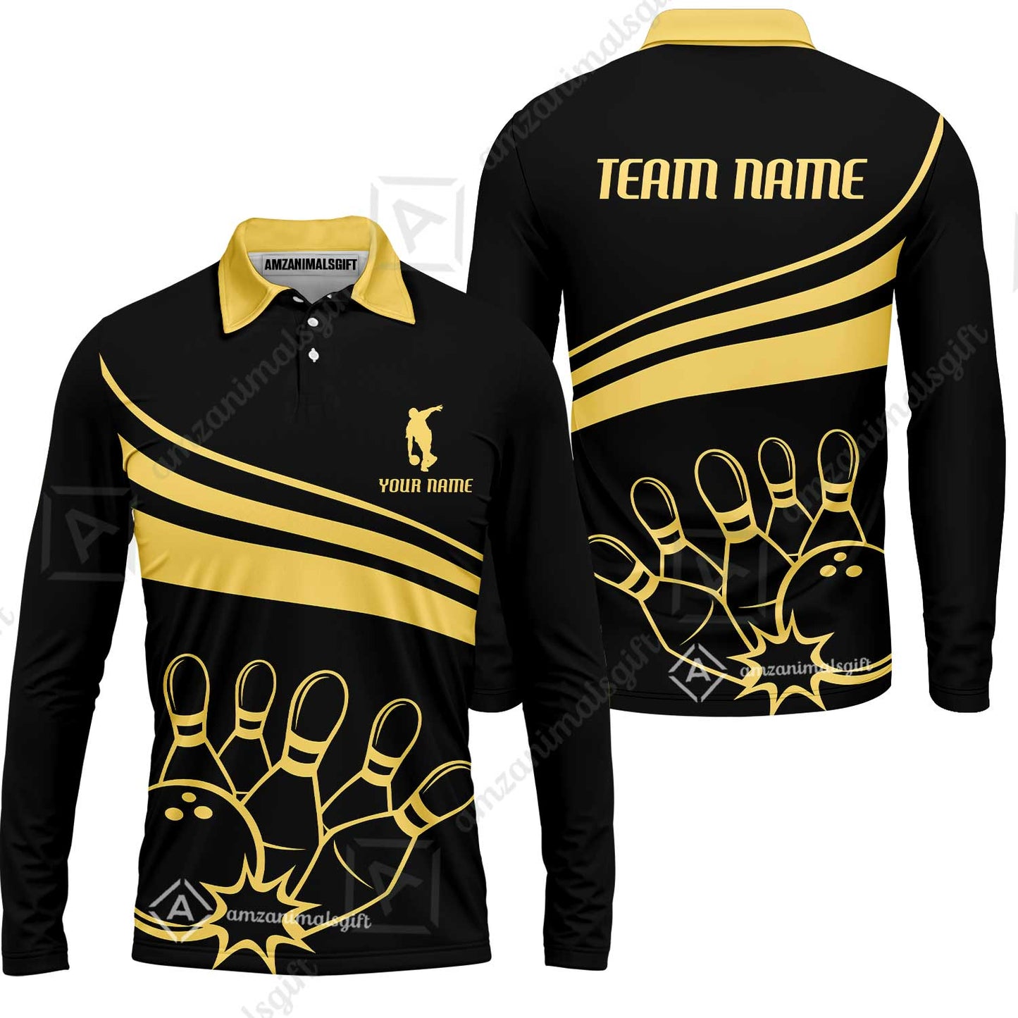 Bowling Customized Jersey Black Shirt Gold Curve Bowling Tenpin Quarter Zip Shirt, Outfit For Bowlers, Bowling Team