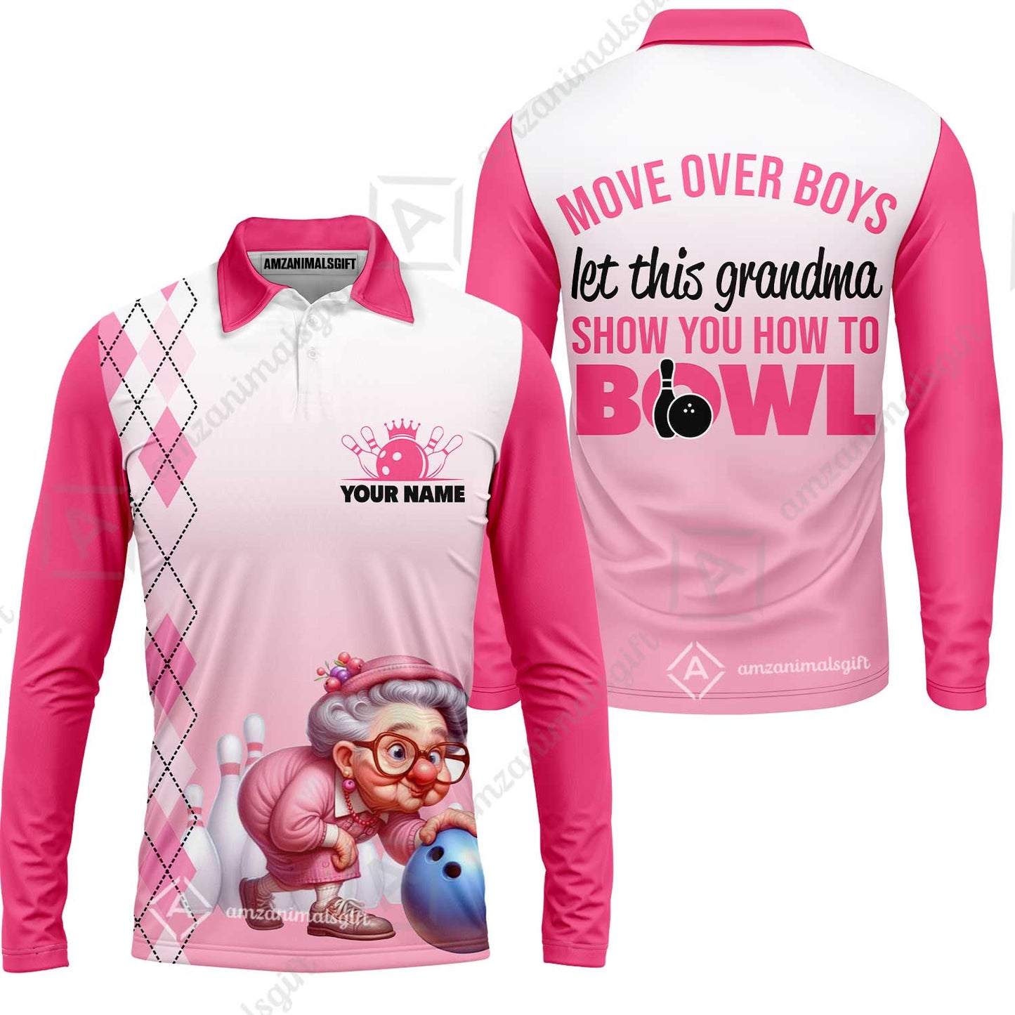 Customized Bowling Grandma Long Sleeve Polo Shirt, Bowling Grandma Pink Style Let This Grandma Show You How To Bowl