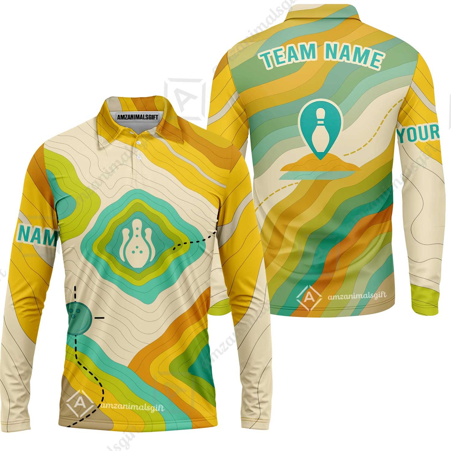 Customized Vintage Bowling Long Sleeve Polo Shirt, Topographic Map Trail Style Long Sleeve Polo Shirt For Bowling Team, Bowlers