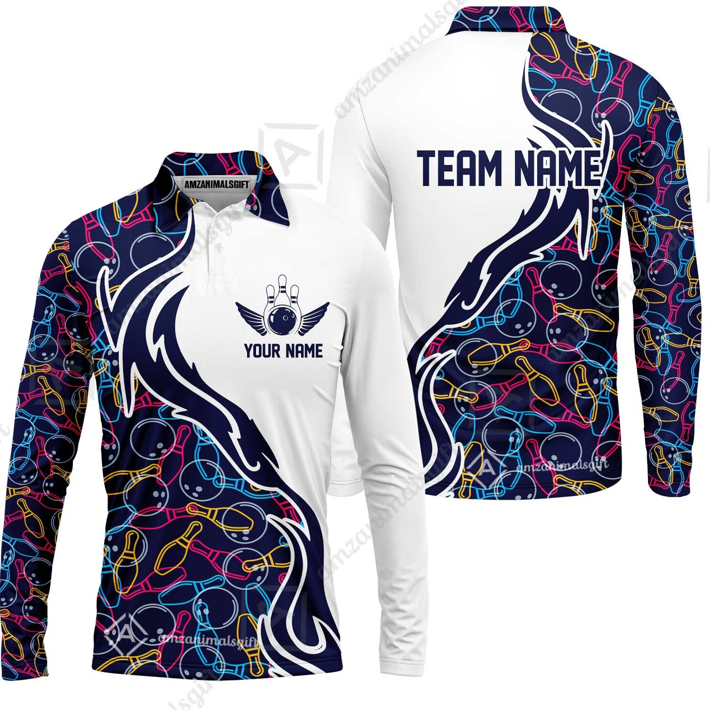 Customized Bowling Long Sleeve Polo Shirt Skittles And Balls Outline Bowling Pattern Custom Name And Team Name For Bowlers