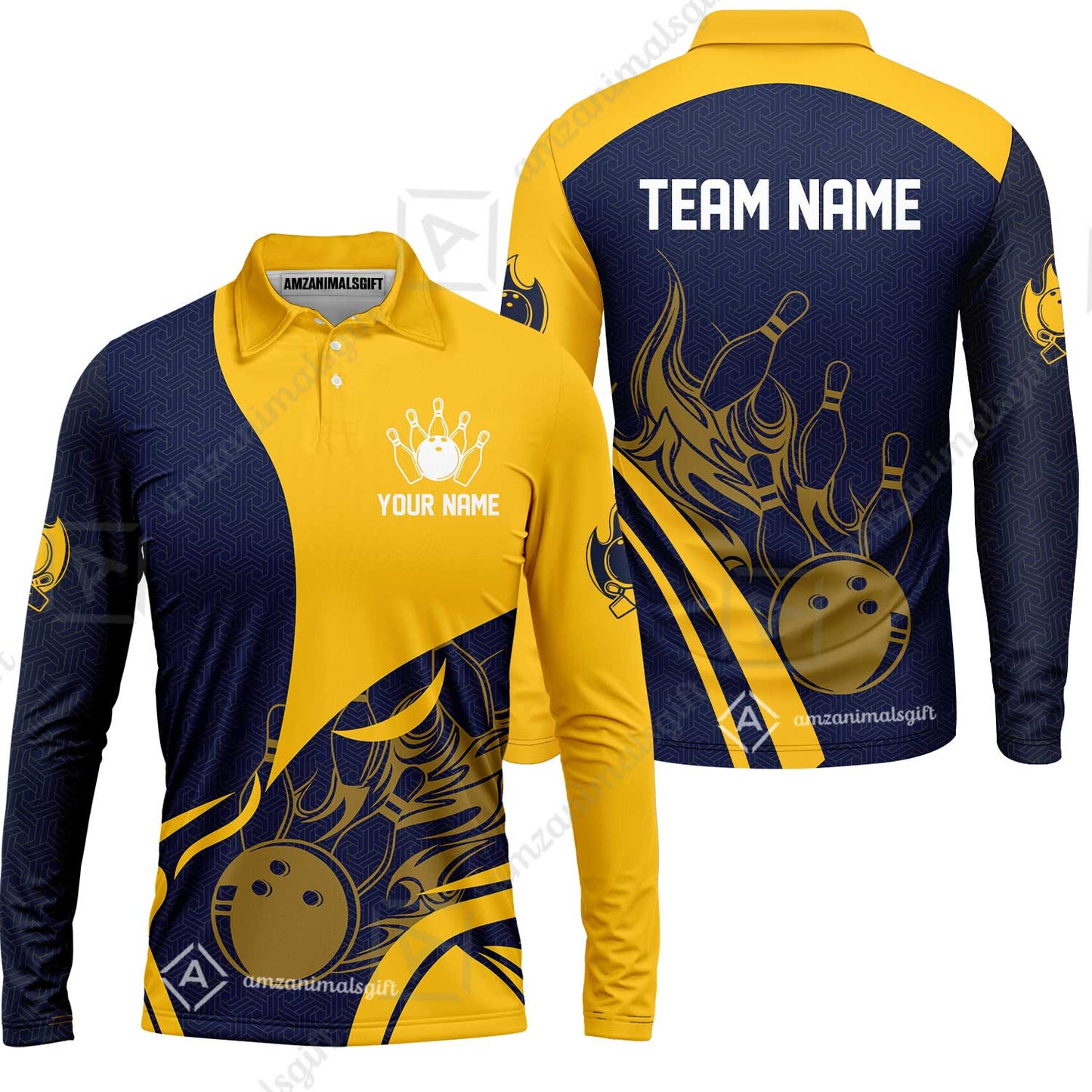 Customized Bowling Long Sleeve Polo Shirt, Flame Bowling Multicolor Custom Team Style Uniform Long Sleeve Polo Shirt, Outfit Jersey for Bowlers