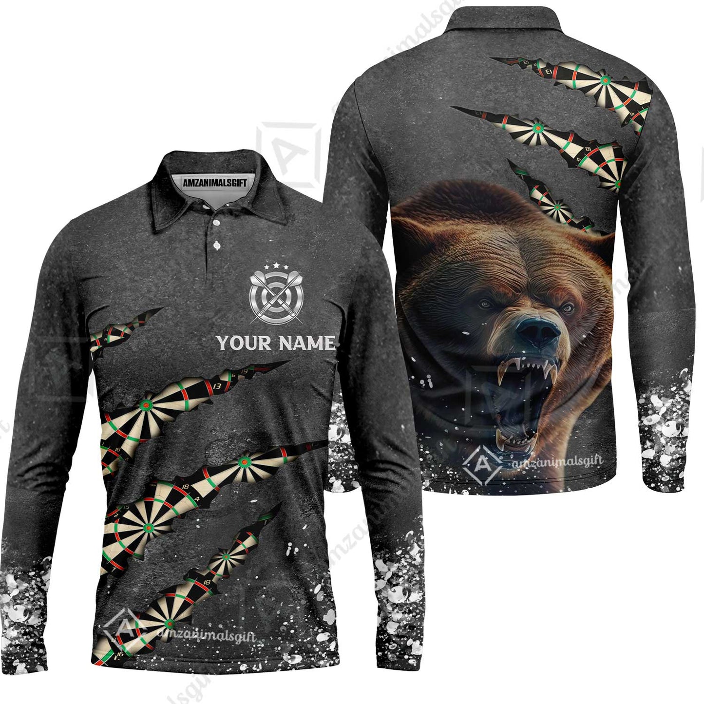 Darts Customized Name Long Sleeve Polo Shirt, Darts Paints Splash, Personalized Name Bear Men's Long Sleeve Polo Shirt - Perfect Gift For Darts Lovers, Darts Players