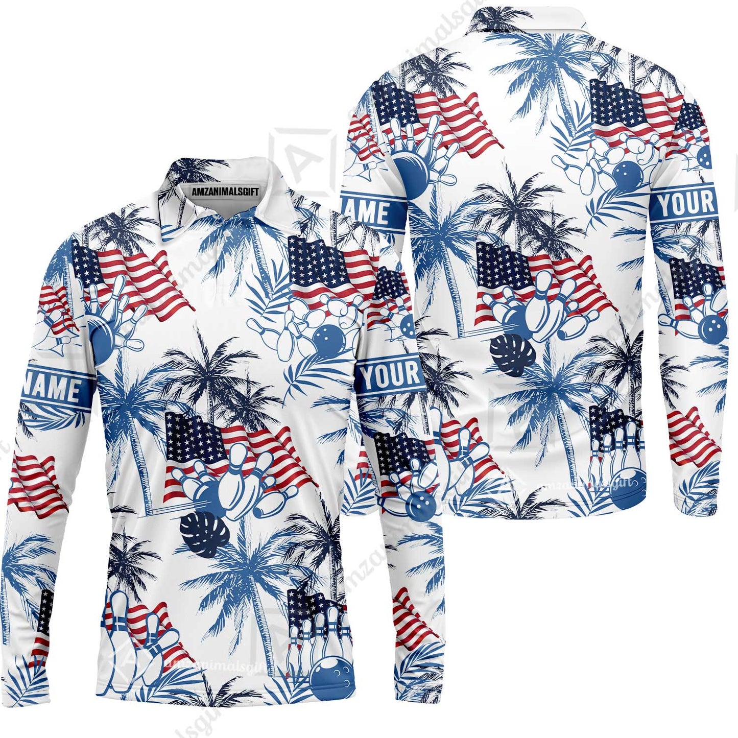 Customized Tropical American-style Bowling Long Sleeve Polo Shirt With Palm Trees, Flags - Perfect For Summer Bowling Vibes