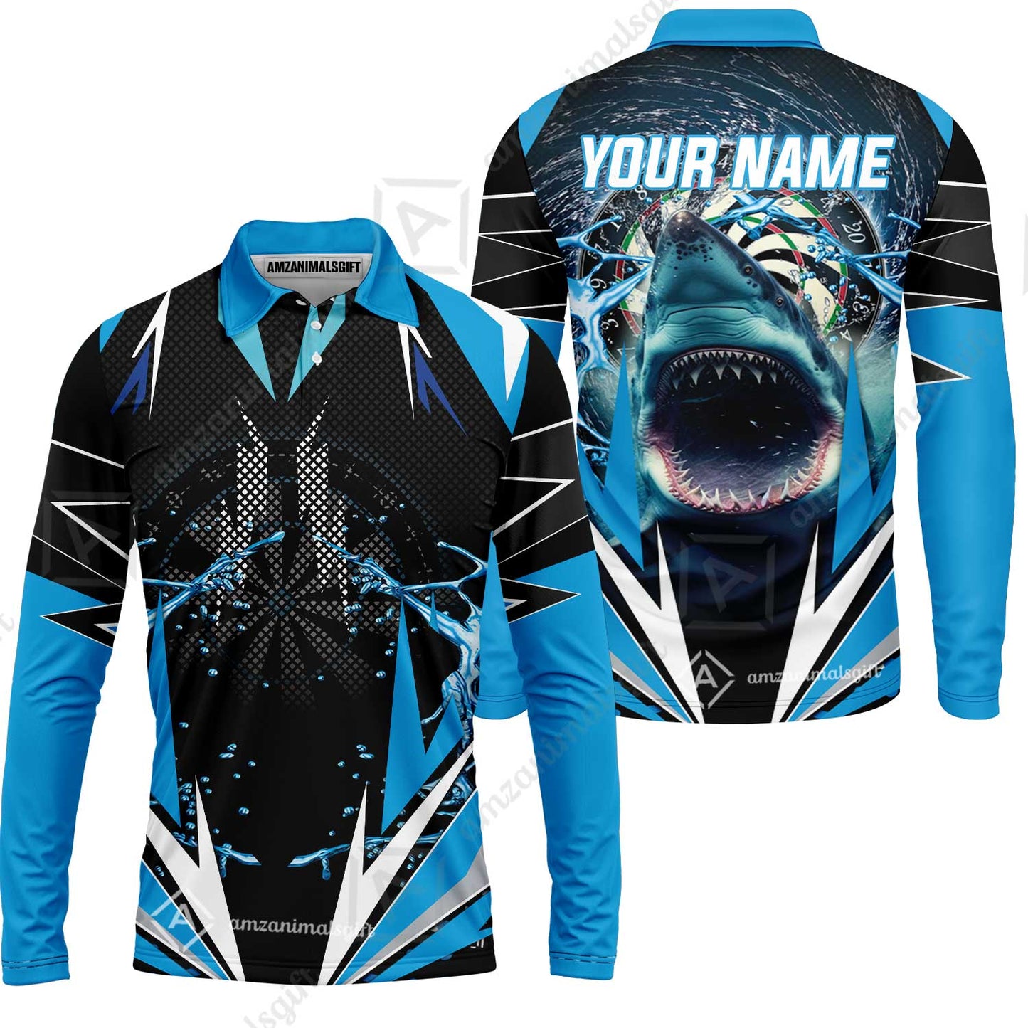 Shark And Darts Custom Name Men's Long Sleeve Polo Shirt, Whirlpool Bullseye Dartboard Personalized Long Sleeve Polo Shirt Gift For Darts Lovers, Friends, Team