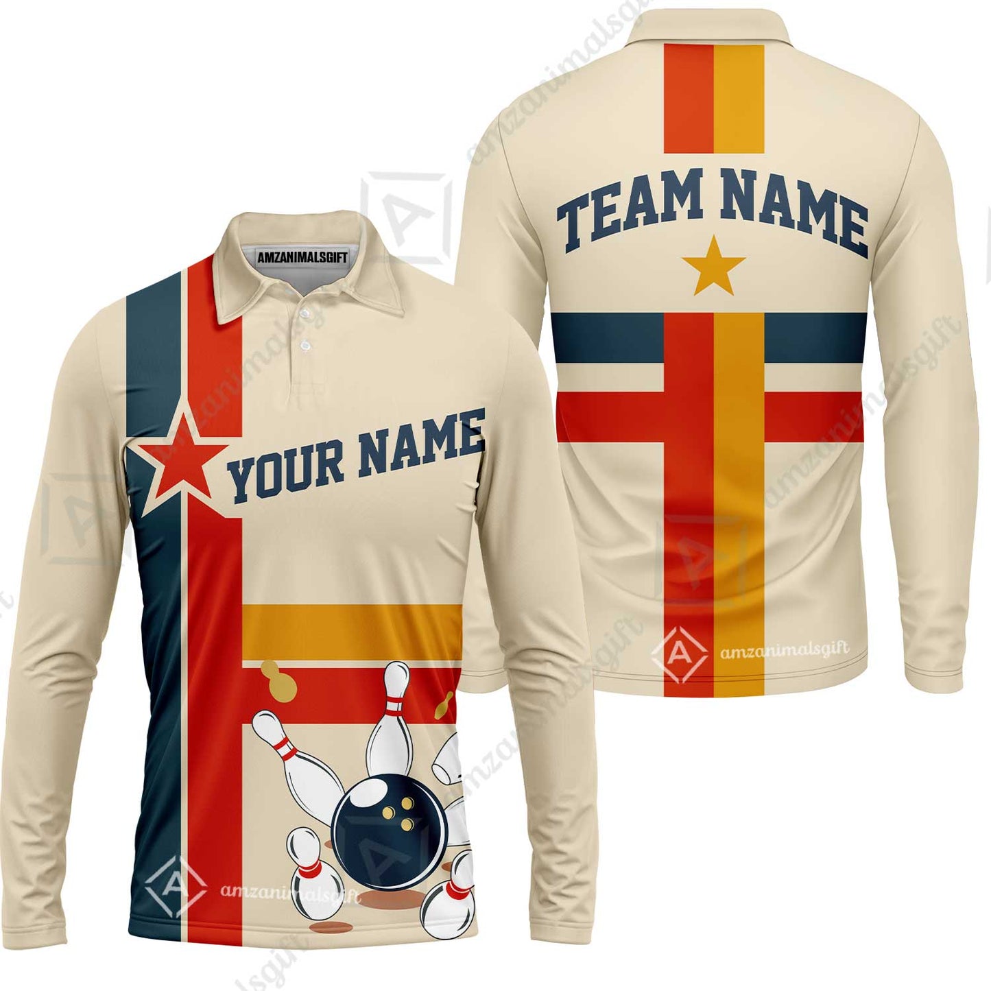 Customized Bowling Long Sleeve Polo Shirt, Vintage Americana Bowling Style Long Sleeve Polo Shirt For Bowling Team, Bowlers