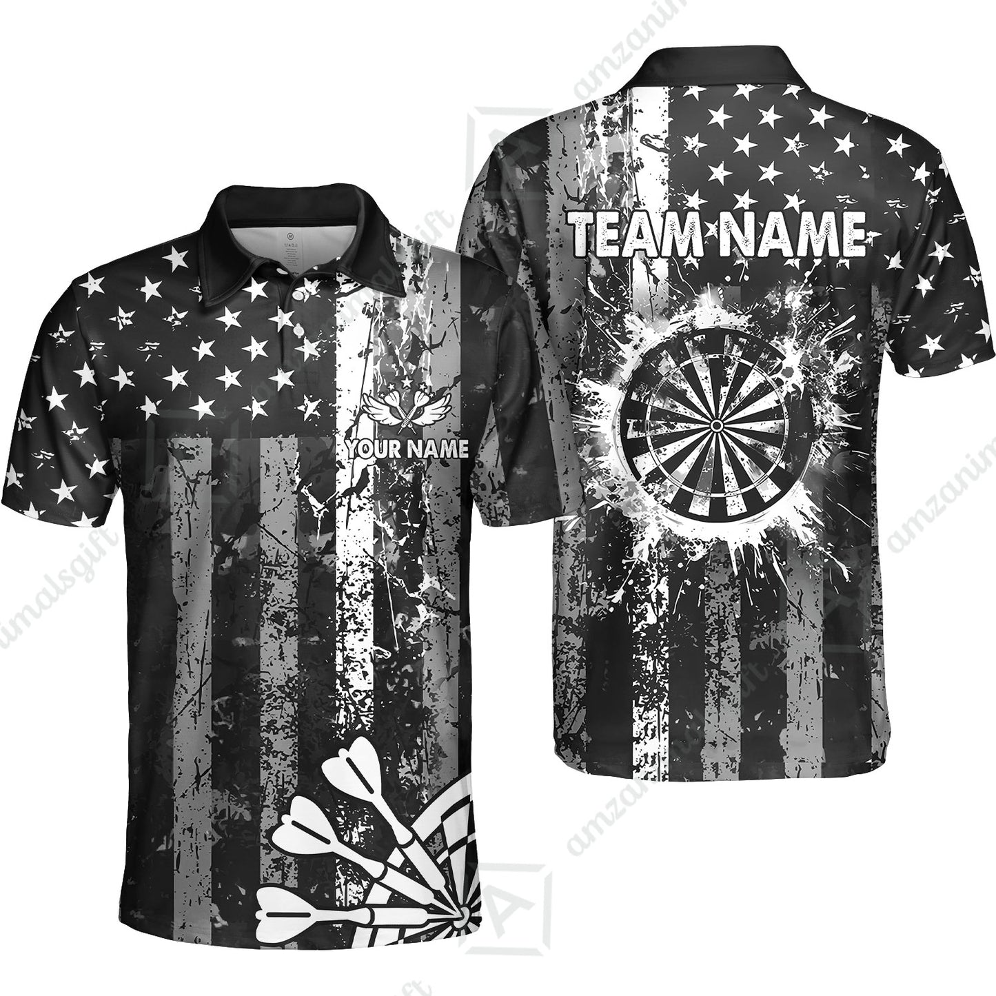 Customized Darts Polo Shirt, Turquoise Grunge US Flag Patriotic Darts Polo Shirt Team Style Jersey for Darts Players