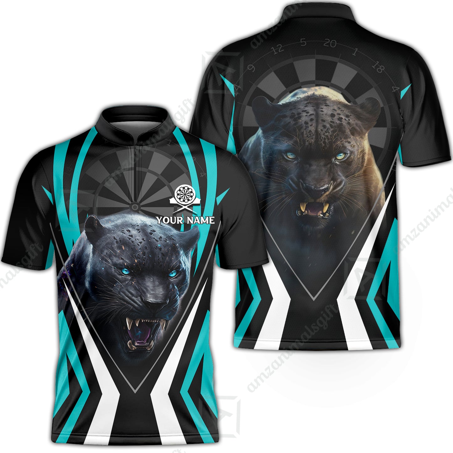 Black Panther And Darts Custom Name Stand Collar Quarter-Zip, Bullseye Dartboard Personalized Stand Collar Quarter-Zip Gift For Darts Lovers, Friends, Team