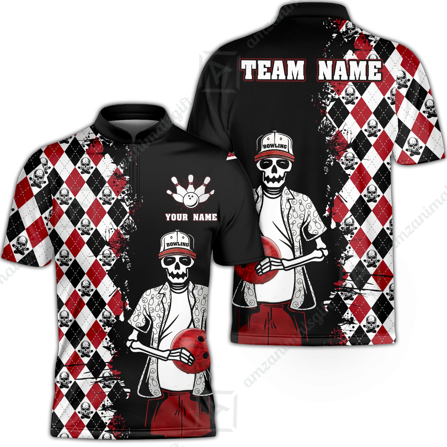 Bowling Custom Bowling Jersey Shirt - Custom Name Skull Men, Argyle Bowling Pattern Personalized Bowling Polo Shirt - Perfect Gift For Friend, Family
