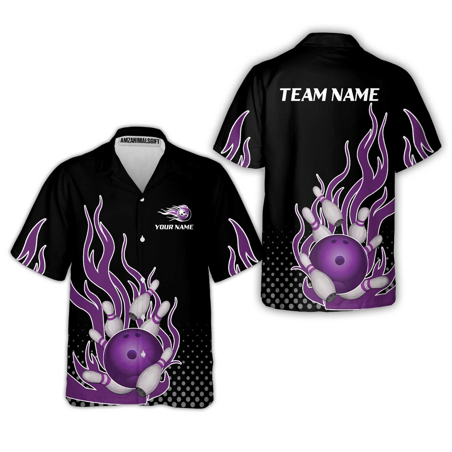Customized Bowling Team Purple Flame Hawaiian Button Up Shirts, Bowling uniforms Bowling Flame Quarter-Zip Polo Shirts