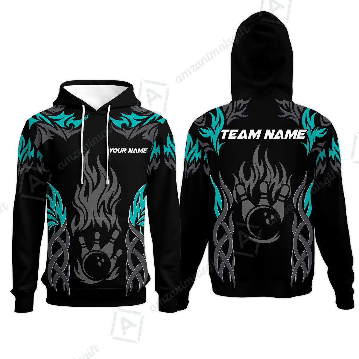 Personalized Bowling Team Hoodie, Tribal And Bowling Flame Multi Option Customized Polo Shirt - Black