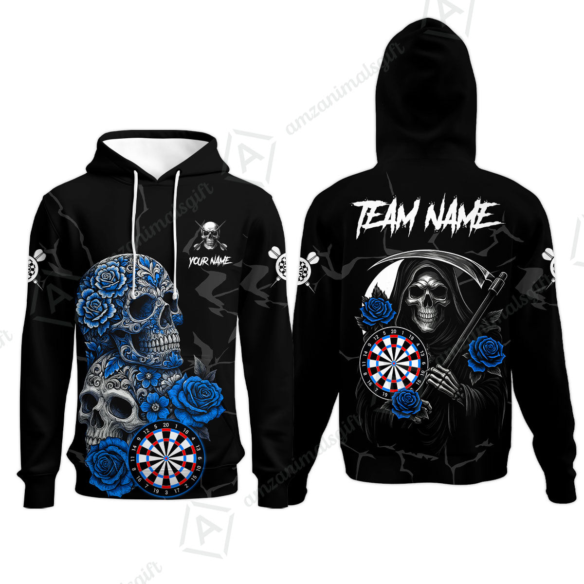 Customized Darts Hoodie, Darts Turquoise Skull Roses Dartboard Hoodie Style Jersey for Darts Players