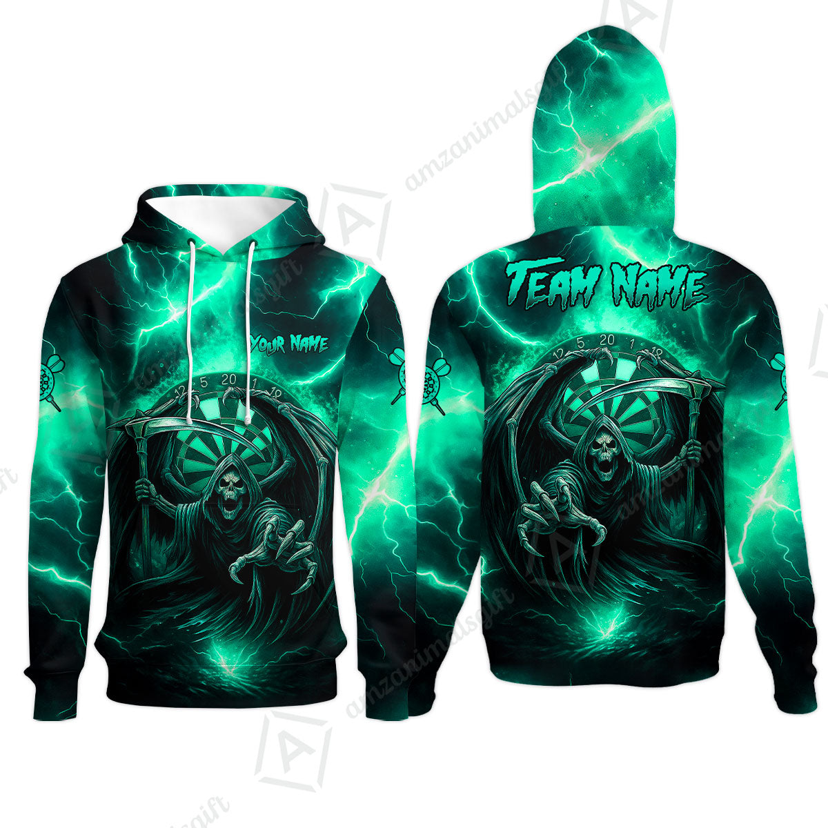 Customized Darts Hoodie, Darts Grim Reaper Thunder Lightning Turquoise And Blue Team Jersey For Darts Player