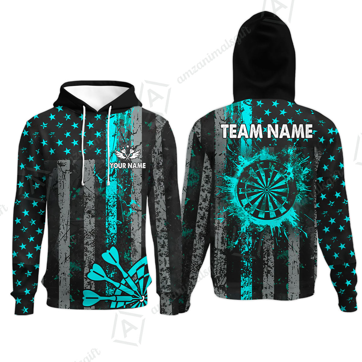 Customized Darts Hoodie, Turquoise Grunge US Flag Patriotic Darts Hoodie Jersey for Darts Players