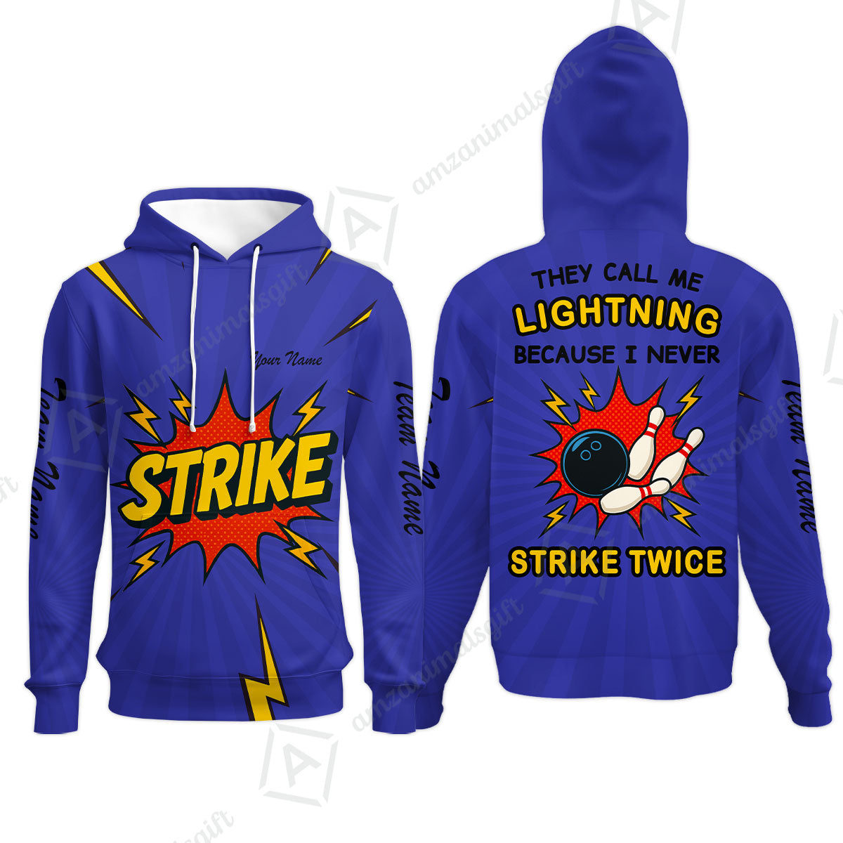 Customized Bowling Team Hoodie, They Call Me Lightning Because I Never Strike Twice Comic Style Hoodie