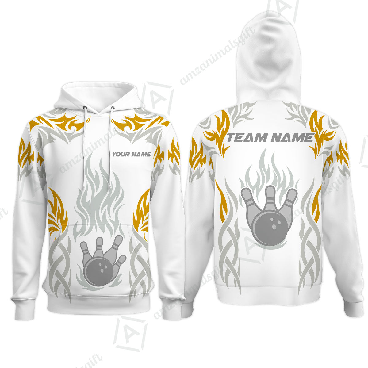 Personalized Bowling Team Hoodie, Tribal And Bowling Flame Multi Option Customized Polo Shirt - White