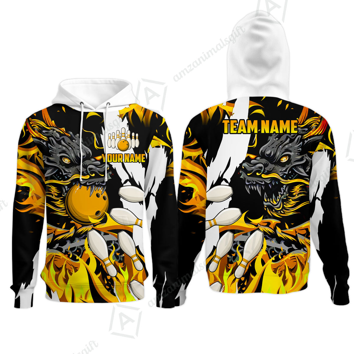 Custom Bowling Team Hoodie, Bowling uniforms Ball & Pins Dragon Flame Pattern Personalized Name And Team Name