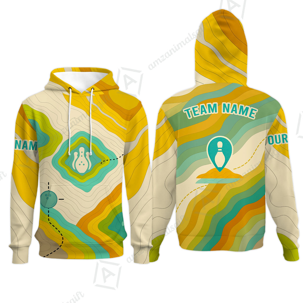 Customized Vintage Bowling Hoodie, Topographic Map Trail Style Hoodie For Bowling Team, Bowlers