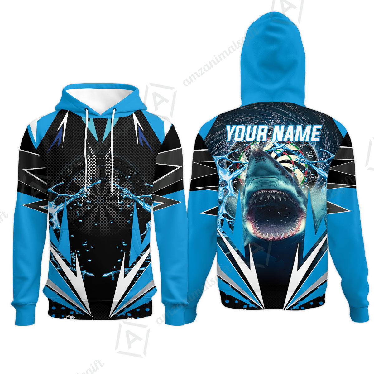 Shark And Darts Custom Name Hoodie, Whirlpool Bullseye Dartboard Personalized Hoodie - Gift For Darts Lovers, Friends, Team