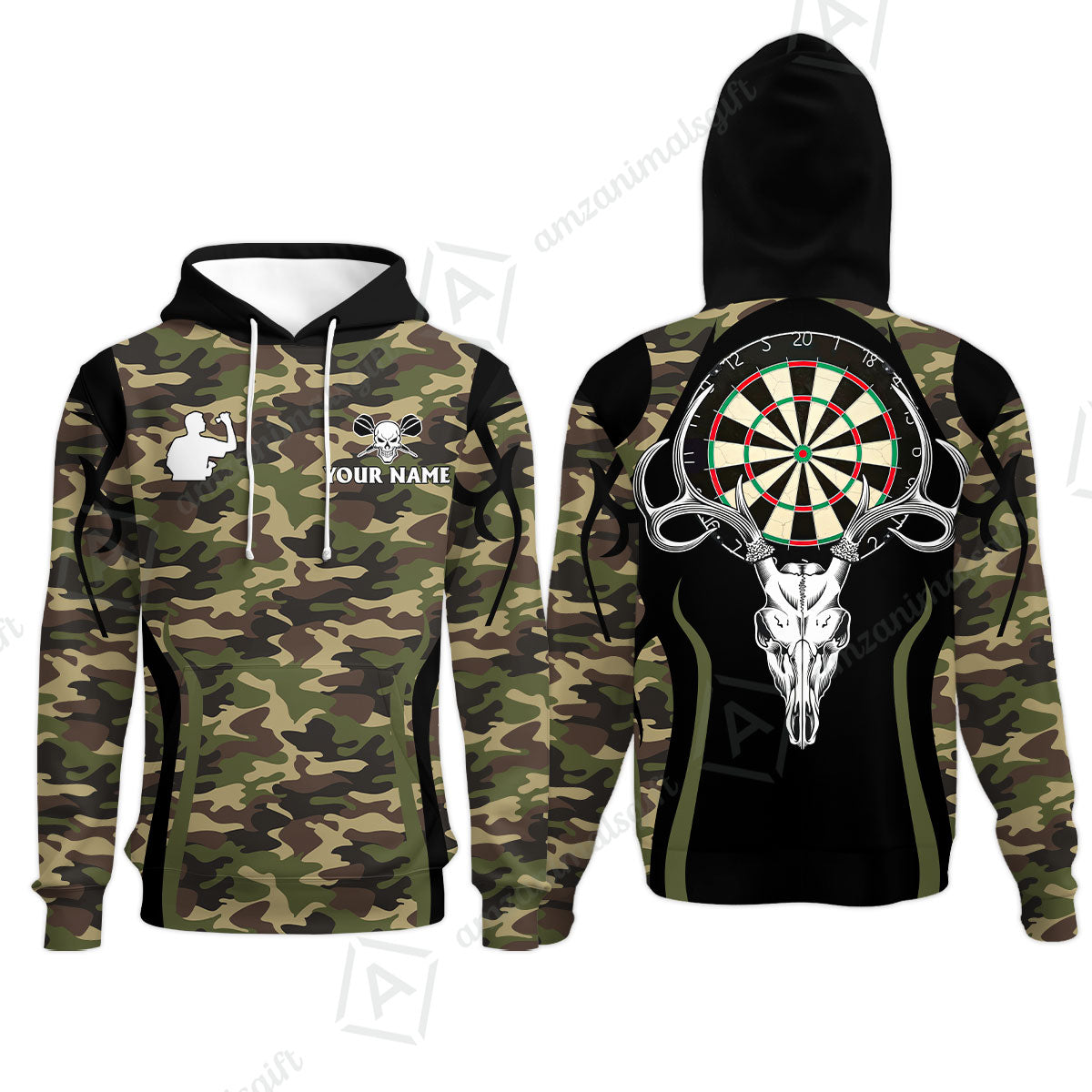 Darts Custom Name Hoodie, Camo Skull Deer Dartboard Personalized Hoodie - Gift For Darts Lovers, Friend, Darts Team Player