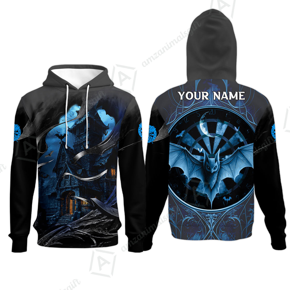 Darts Hoodie Customized Name, Castle & Bats With Dartboard Hoodie- Gift For Darts Players Uniforms, Darts Lovers
