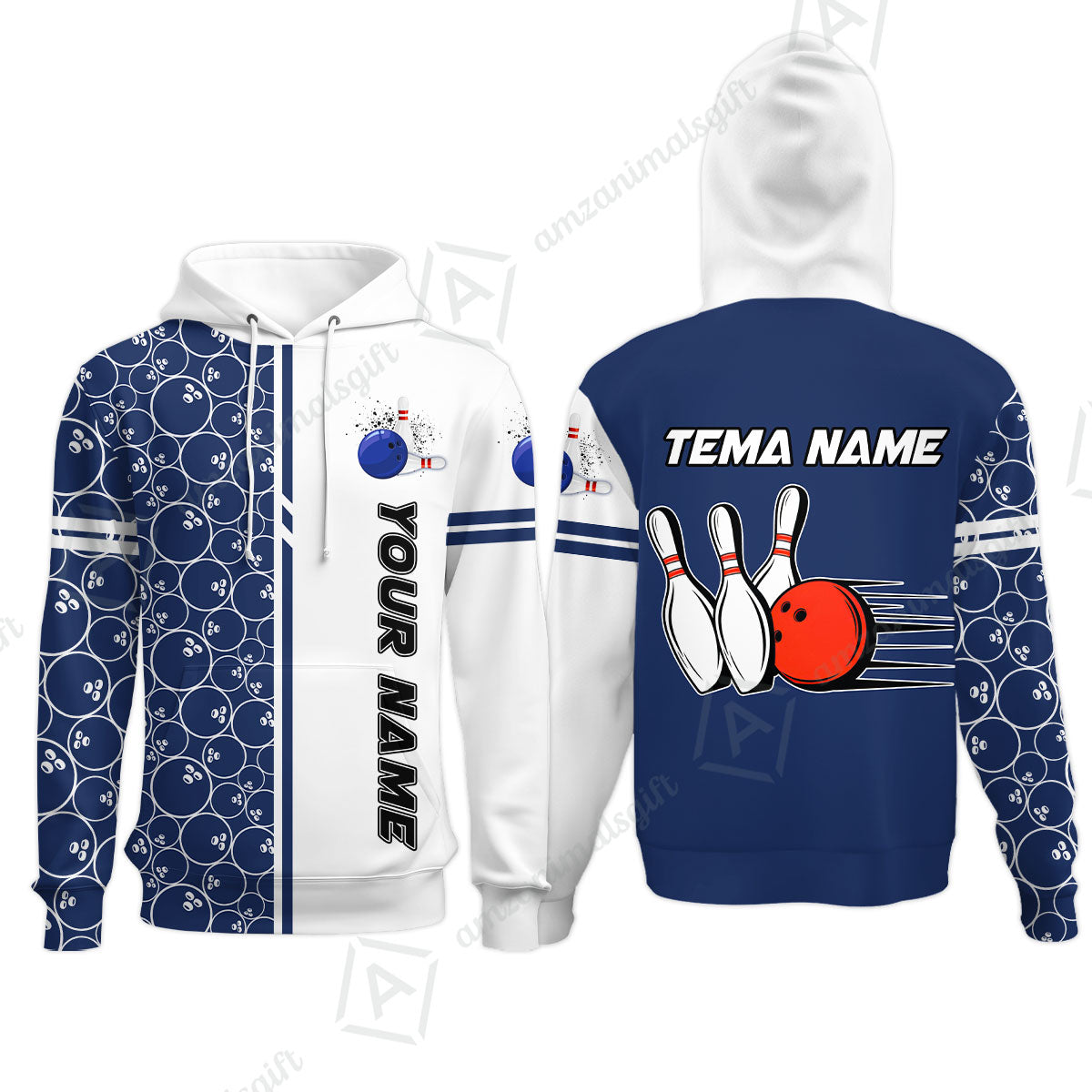 Customized Bowling Team Hoodie, Bowling White And Blue Pattern Uniforms Shirt Personalized Name And Team Name