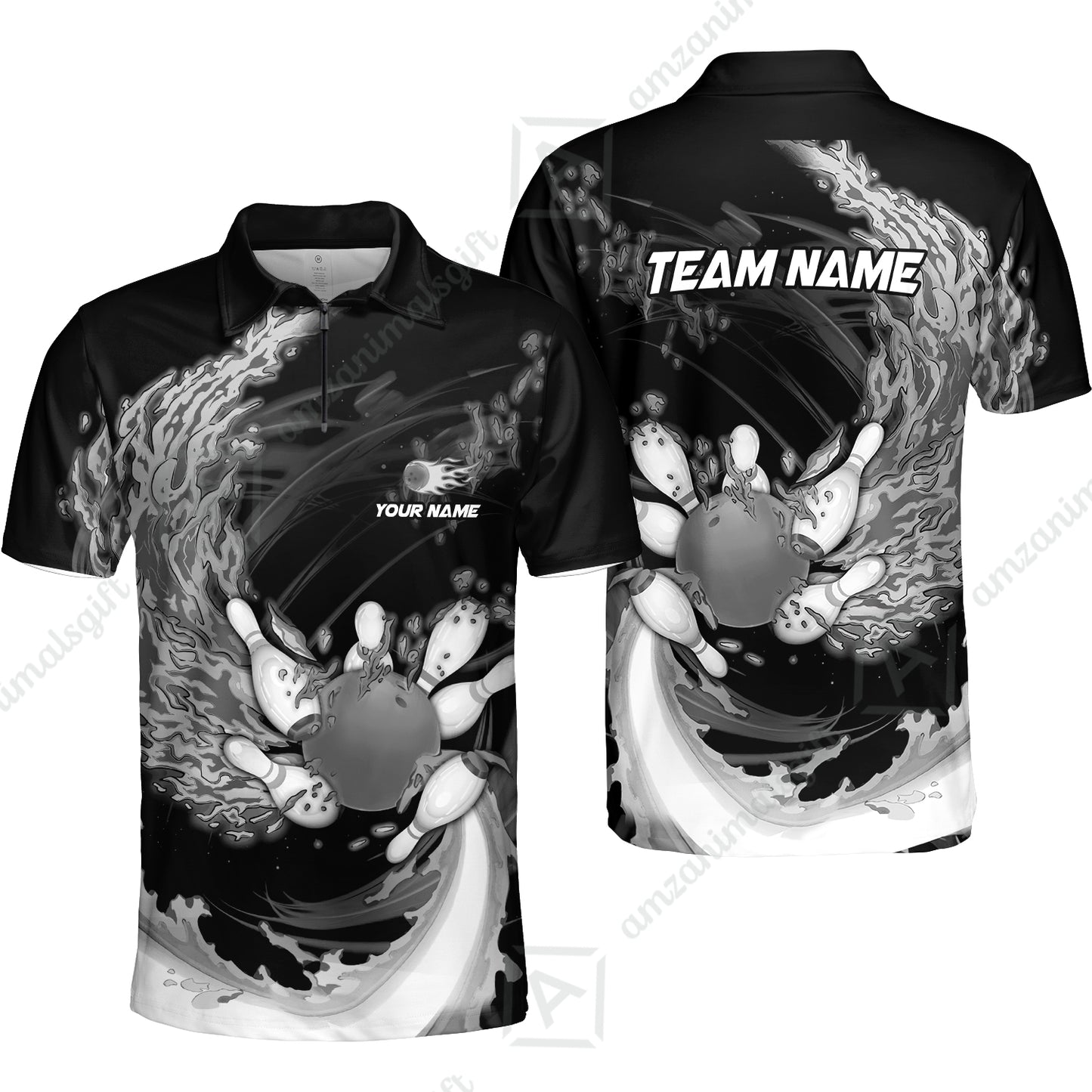 Personalized Bowling Team Quarter-Zip Polo Shirt Breath Of Flaming Bowling Ball & Pins Custom Name And Team Name For Bowlers