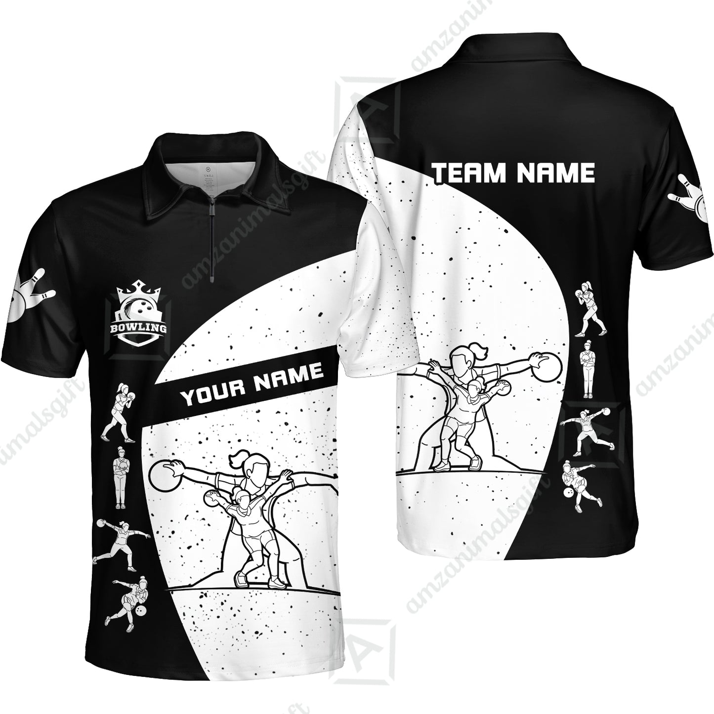 Custom Stylish Black and White Bowling Team Unisex Polo Shirts, Bowling Team Uniforms Jerseys, Polo Shirt With Name And Team Name