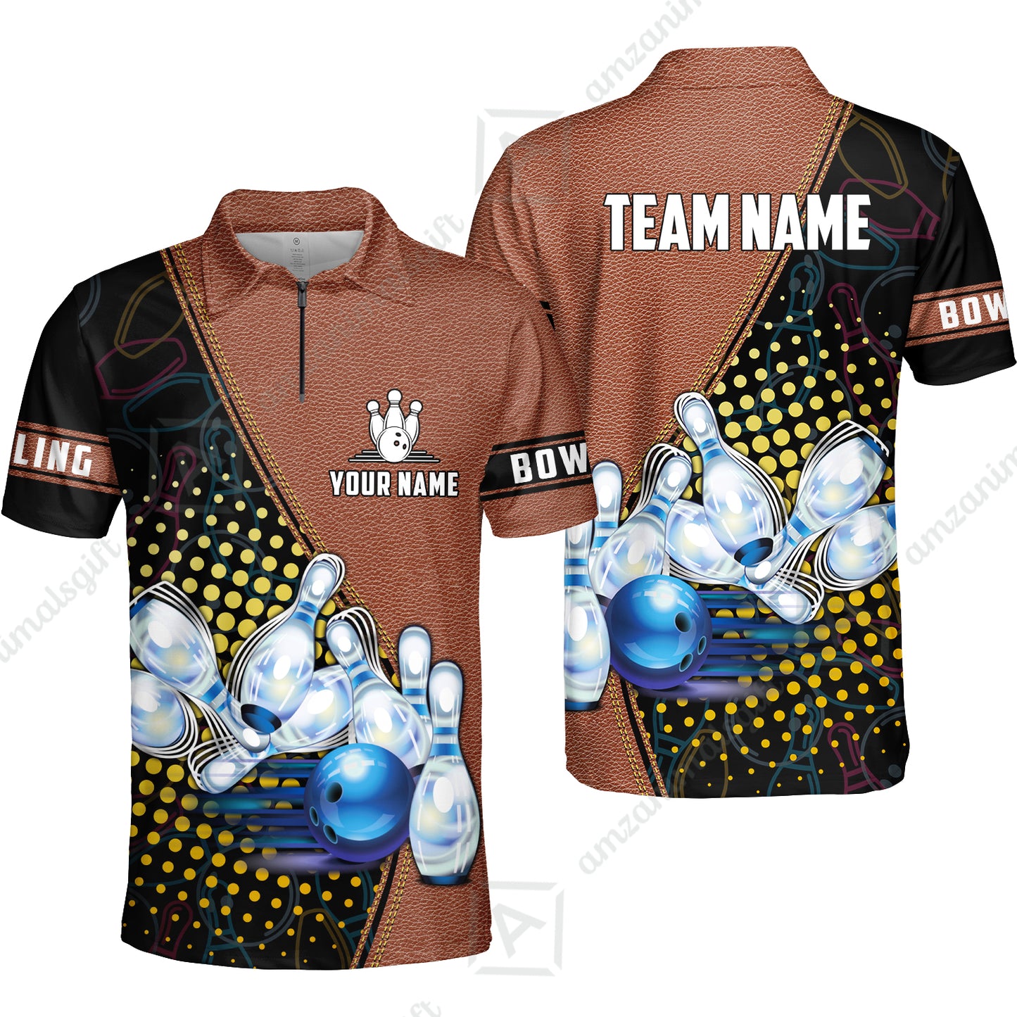 Customized Bowling Quarter-Zip Polo Shirt, Leather Pattern Bowling Strike Out Zip Polo Shirt Multicolor Option For Bowlers