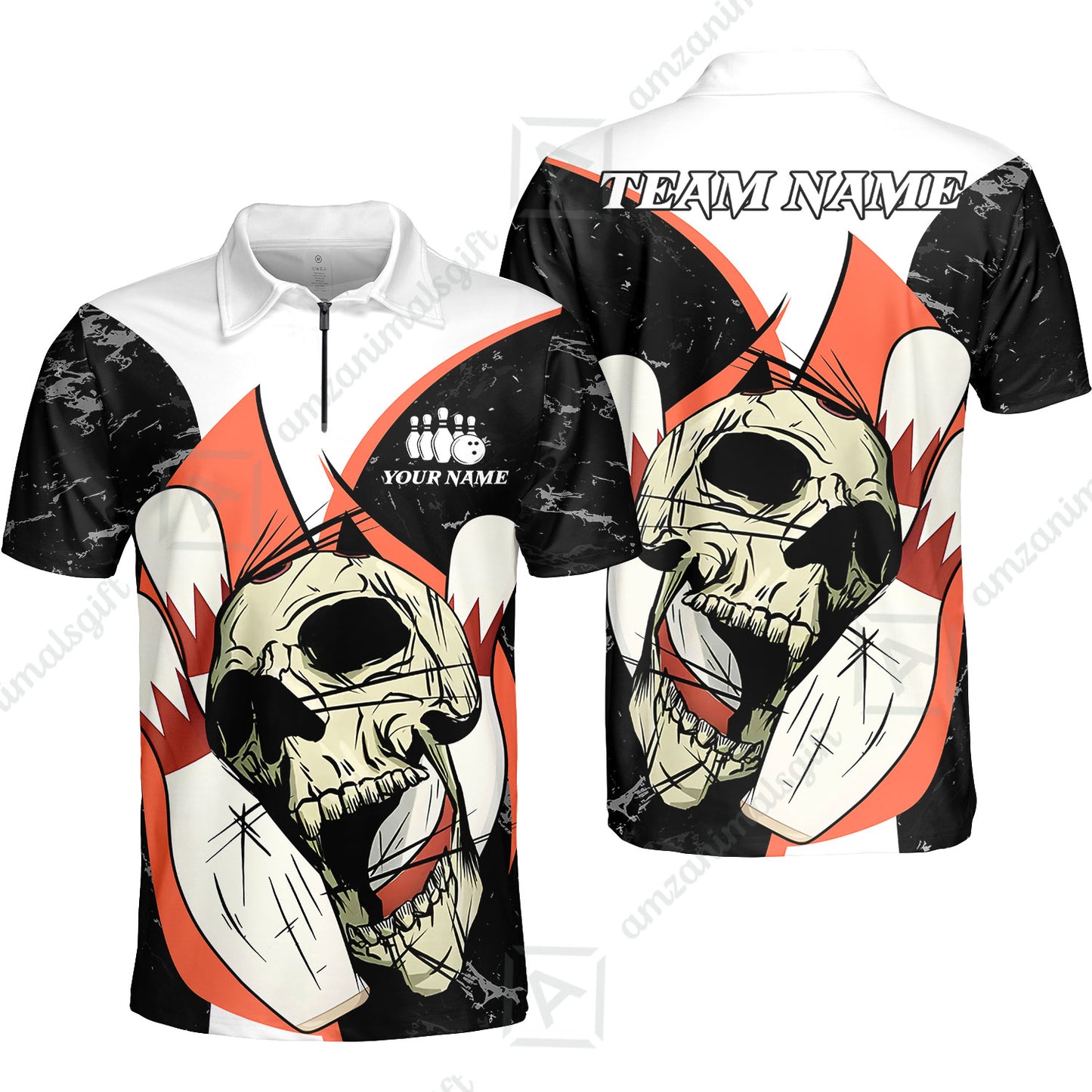 Customized Bowling Team Polo Jersey, Skull Rolling Bowling Illustration Halloween Style Uniform Shirt For Bowlers
