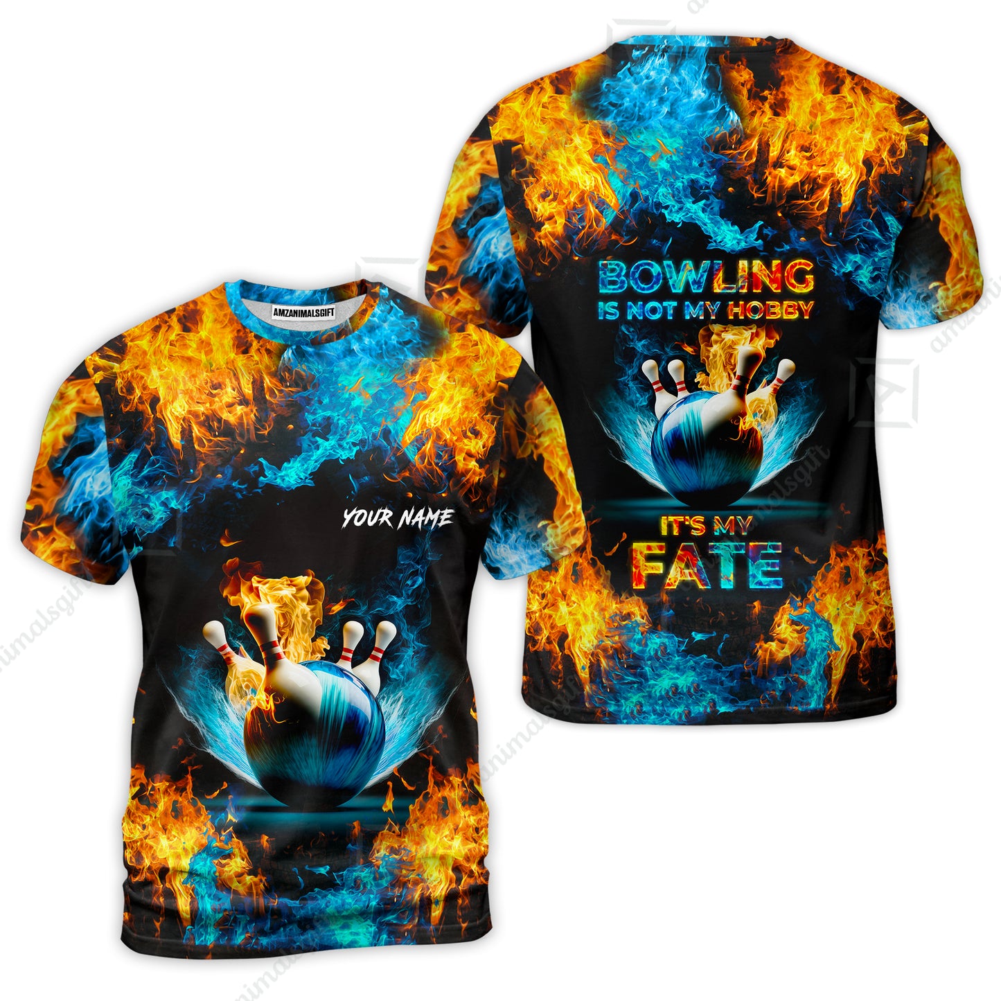 Bowling Custom Zip Polo Shirt - Custom Name Blue Bowling Ball And Pins On Fire Personalized Bowling Zip Polo Shirt