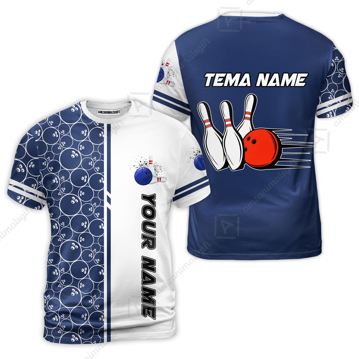 Customized Bowling Team T-Shirt, Bowling White And Blue Pattern Uniforms Shirt Personalized Name And Team Name