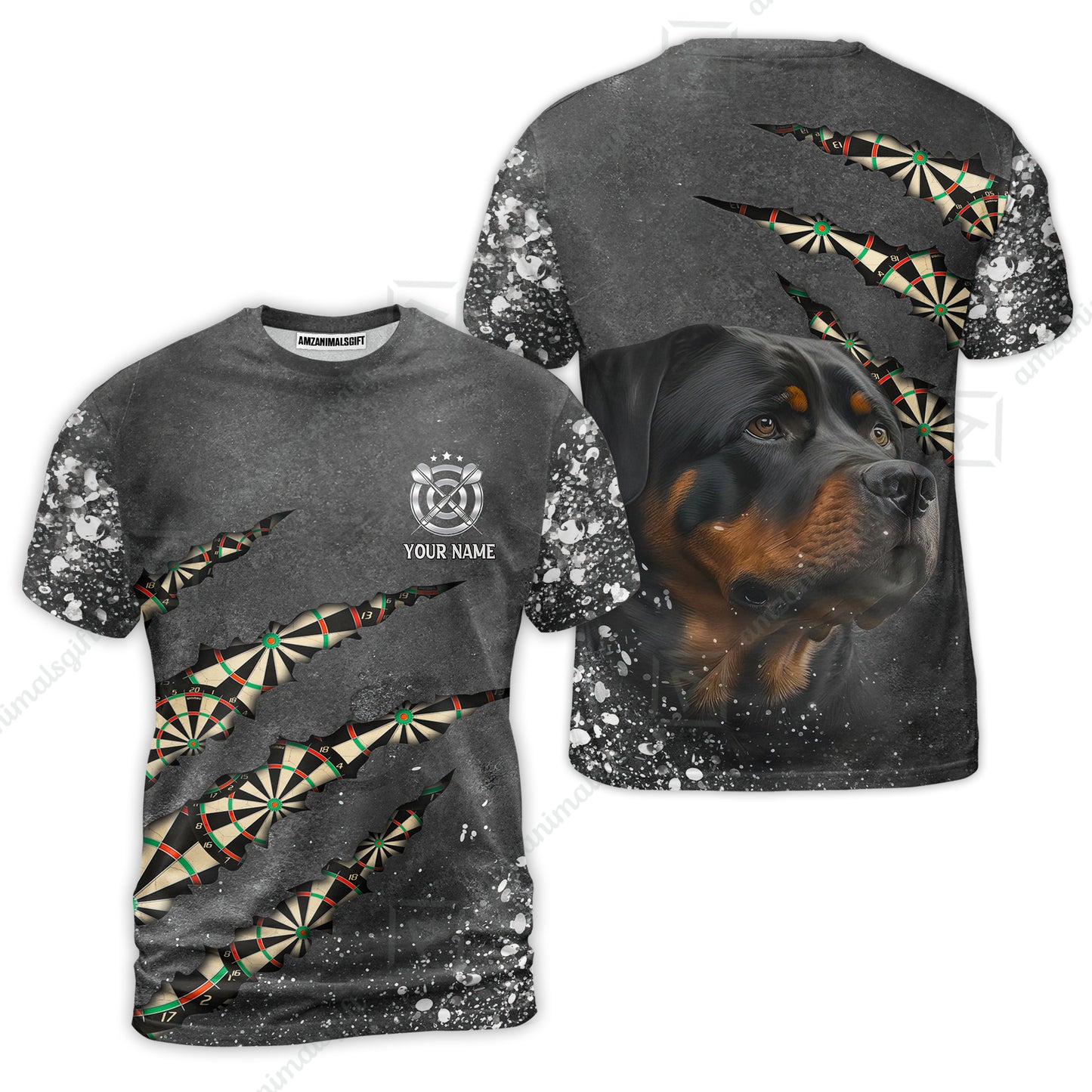 Rottweiler And Darts Custom Name T-Shirt, Darts Paint Splash Personalized T-Shirt Gift For Darts Lover, Team, Dog Lover