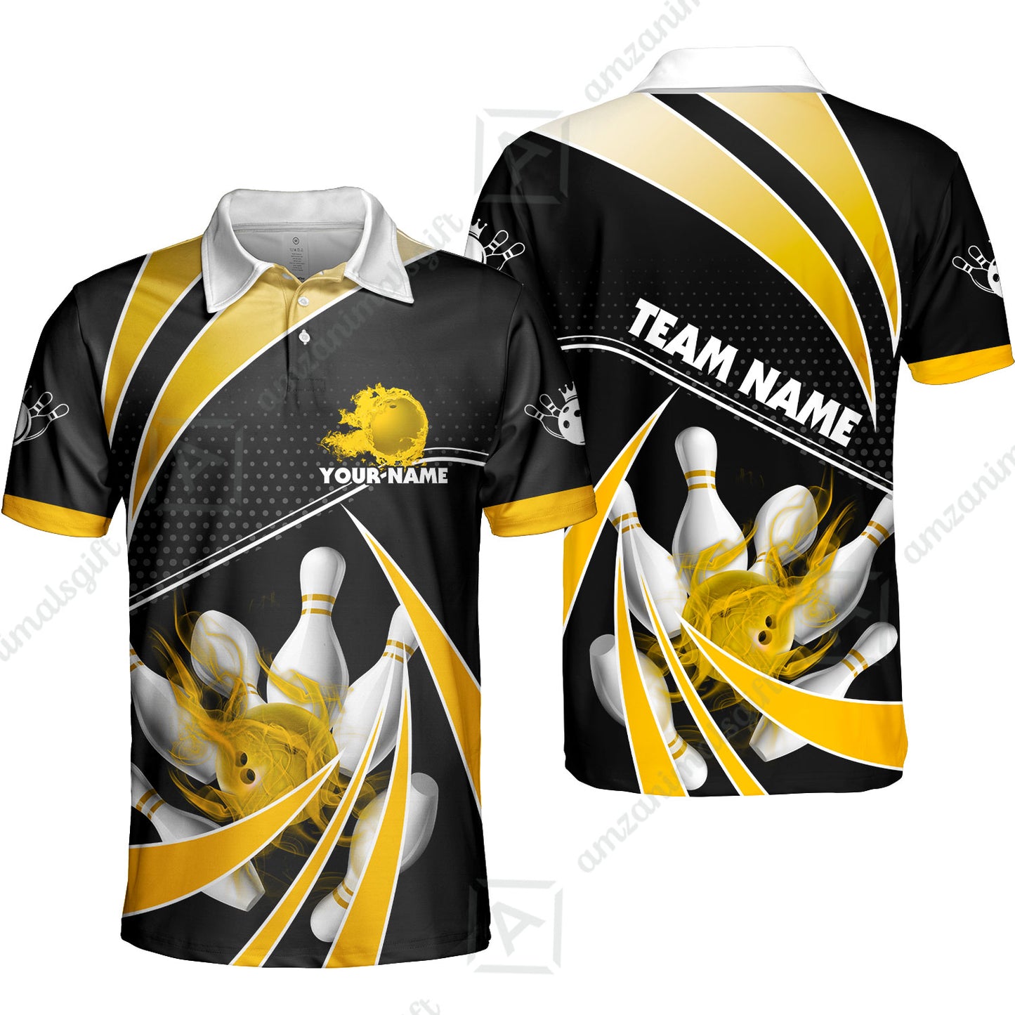 Customized Bowling Team Polo Shirt, Bowling Ball & Pins Fire Light Sport Unisex Polo Shirt Multicolor Option For Bowlers
