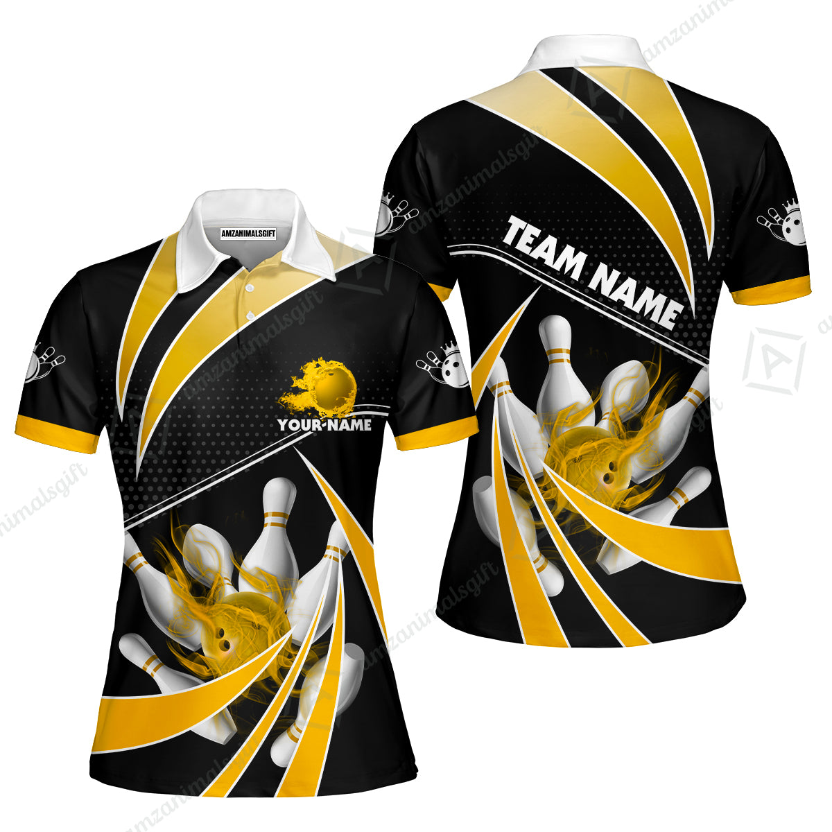 Customized Bowling Women Polo Shirt, Bowling Ball & Pins Fire Light Sport Women Polo Shirt Multicolor Option For Bowlers