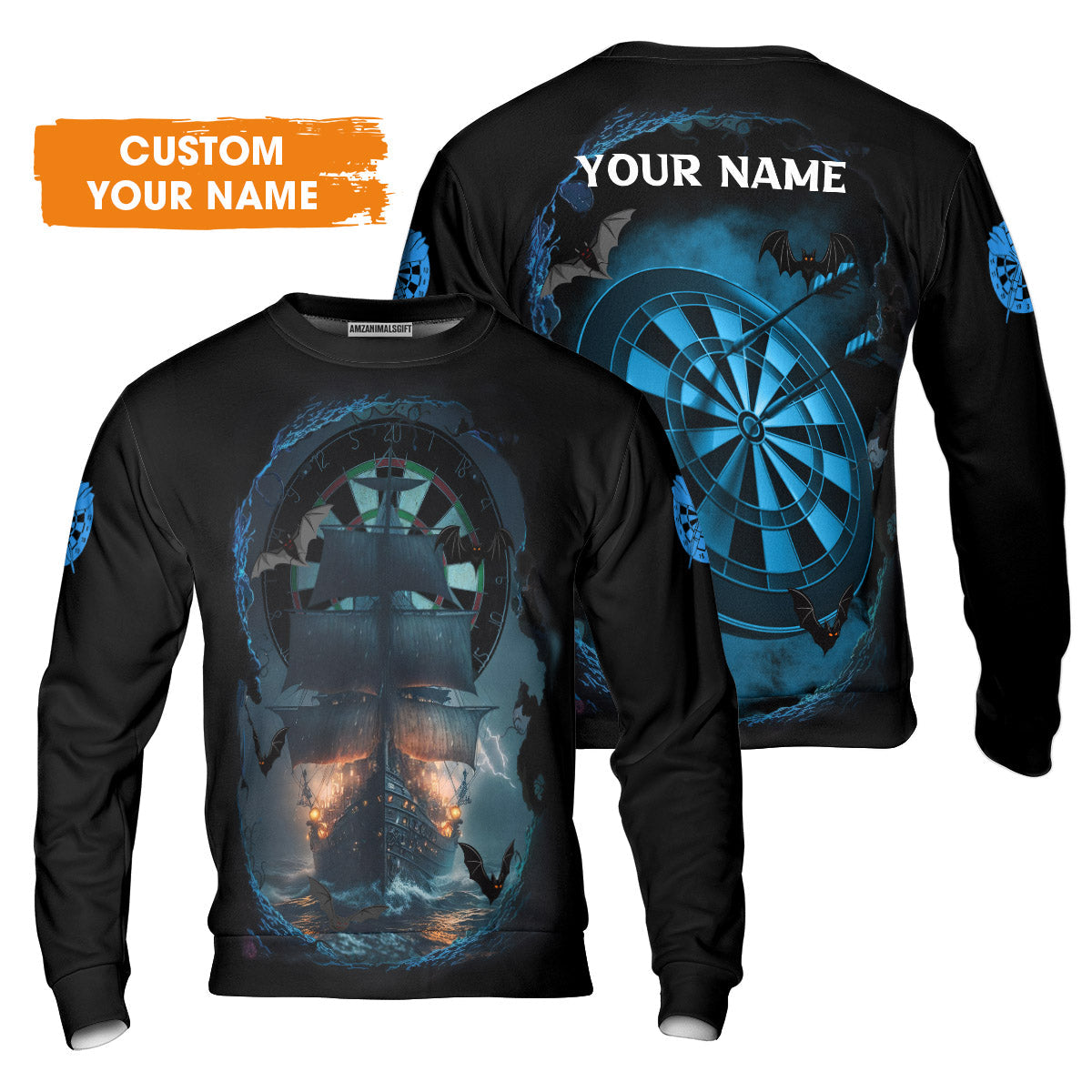 Darts T-Shirt Customized Name, Sailboat & Bats Cave With Dartboard T-Shirt - Gift For Darts Players, Darts Lovers