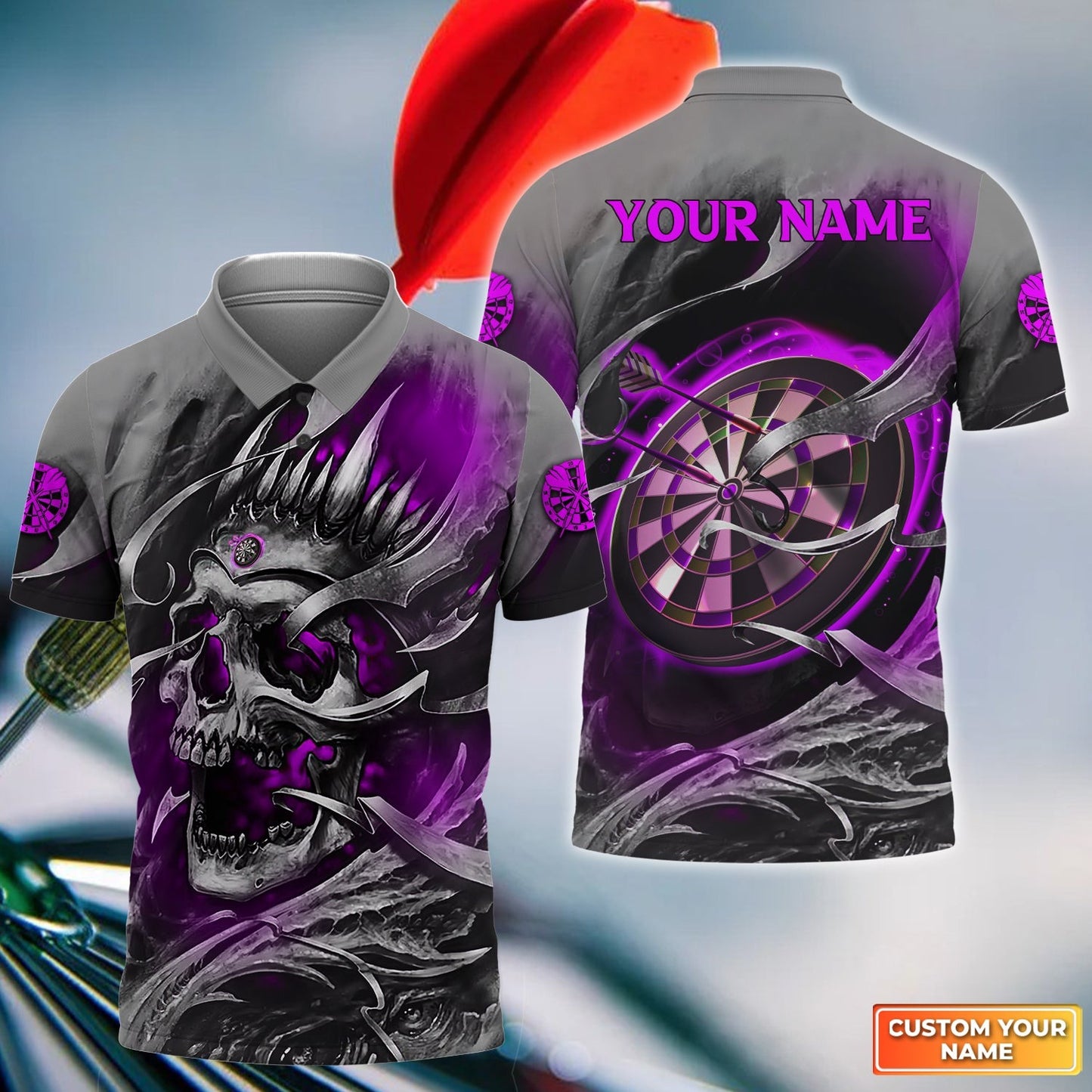 Customized Name Darts Men Polo Shirt, Purple Skull Dartboard Personalized Skull And Darts Polo Shirt - Gift For Darts Players Uniforms, Darts Lovers