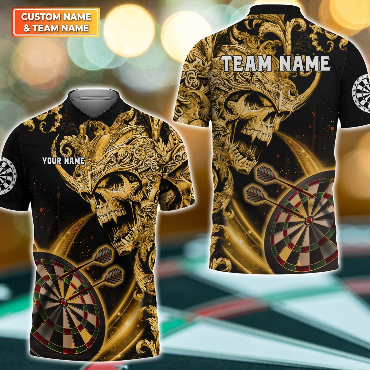 Customized Name & Team Name Darts T-Shirt, Darts Warrior Gold Personalized For Dart Team Player T-Shirt