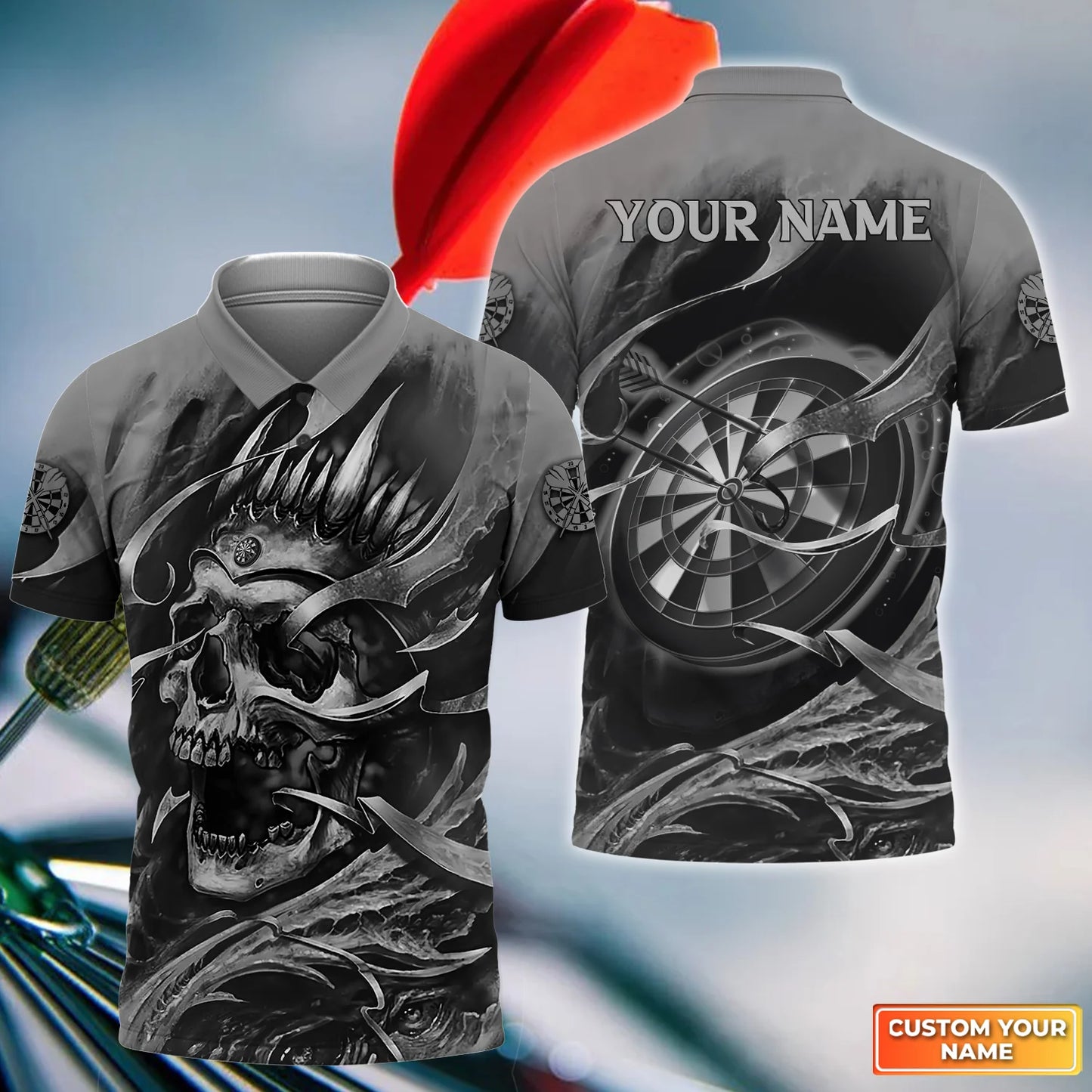 Customized Name Darts Men Polo Shirt, Gray Skull Dartboard Personalized Skull And Darts Polo Shirt - Gift For Darts Players Uniforms, Darts Lovers